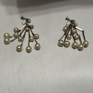 Vintage Earring Faux Pearl Cluster Drop Dangle Silver Tone Screw Back Clip On